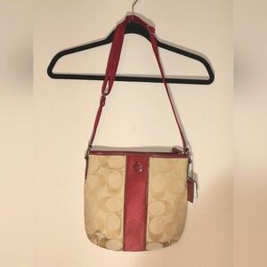 Coach Signature 'C' Tan and Burgundy Stripe Purse / Shoulder Bag